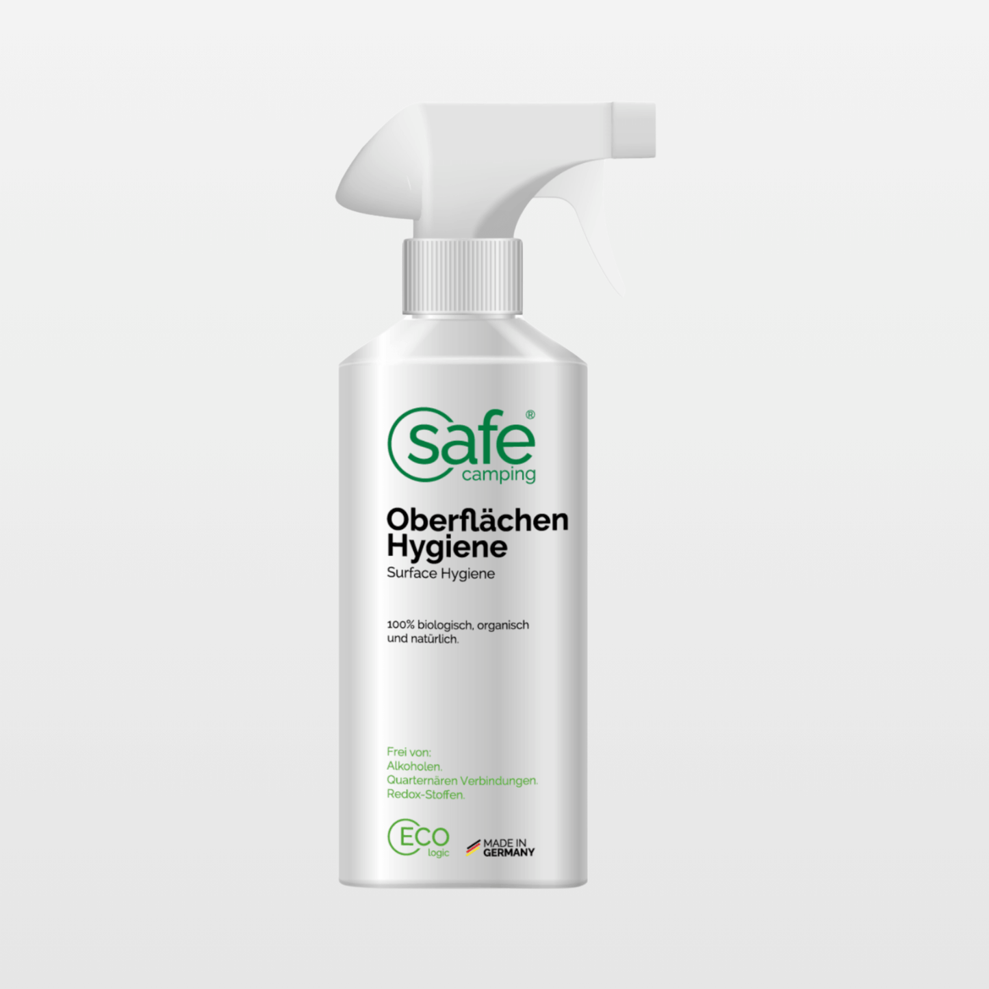 Oberflächenreiniger Wohnmobil Hygiene Spray für zuverlässige Keimreduzierung und frischen Duft nach grünem Pfirsich.